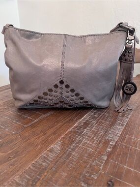 The Sak Taupe Gray Leather Studded Crossbody with Tassel